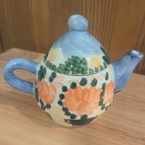 Bella Casa by Ganz Ceramic Teapot Hand Painted Cottage Floral Orange Blue Handle